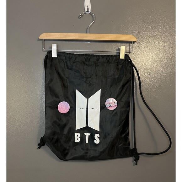 BTS Drawstring Backpack Bag Black K-Pop Logo with Love Yourself Button Pins Set - Picture 1 of 6